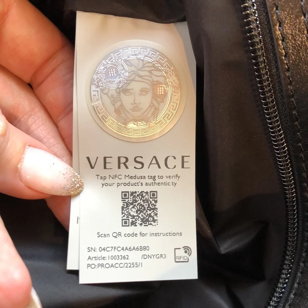 Versace like new black Greca travel bag gold accents nylon magnet close  17x14x7